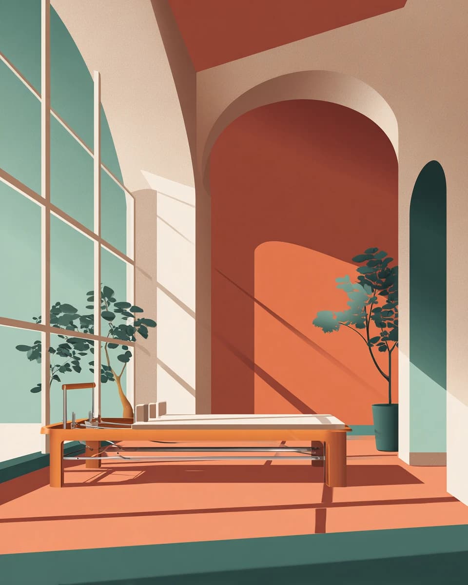 A sunlit pilates studio with reformer bed